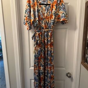 Pink Lily Orange and Blue Smocked Wrap Maxi Dress